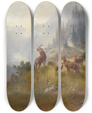 Triptych art skateboard deck of Ludwig Sckell Hirsche Im Hochgebirge by Ludwig Sckell (1833-1912)