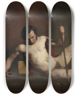 Triptych art skateboard deck of William Etty Male Nude Leaning On Staff by William Etty (1787-1849)