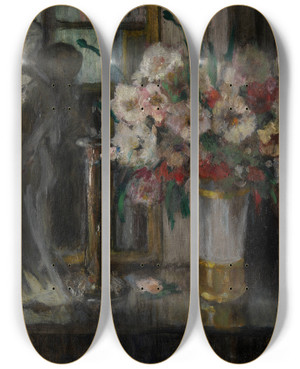 Triptych art skateboard deck of Auguste Oleffe Still Life With Flowers by Auguste Oleffe (1867-1931)
