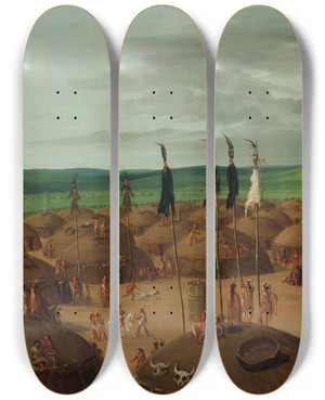 Triptych art skateboard deck of George Catlin Birdseye View Of The Mandan Village 1800 Miles Above St Louis by George Catlin (1796-1872)
