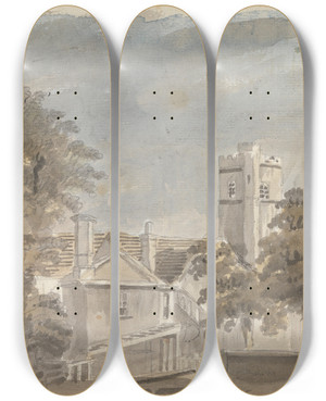 Triptych art skateboard deck of James Miller View Of Buildings by James Miller (1773-1814)