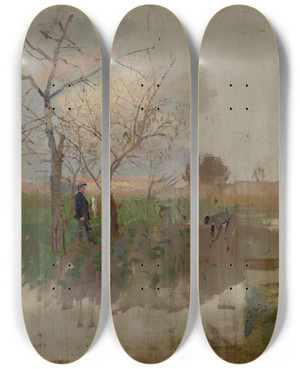 Triptych art skateboard deck of Ladislav Mednynszky Autumn In An Orchard by Ladislav Mednyanszky (1852-1919)