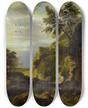 Triptych art skateboard deck of Roelant Roghman Mountainous Landscape With Waterfall by Roelant Roghman (1627-1692)