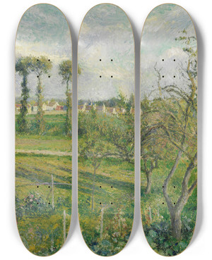 Triptych art skateboard deck of Camille Pissarro Soleil Couchant Au Valhermeil Auverssuroise by Camille Pissarro (1830-1903)