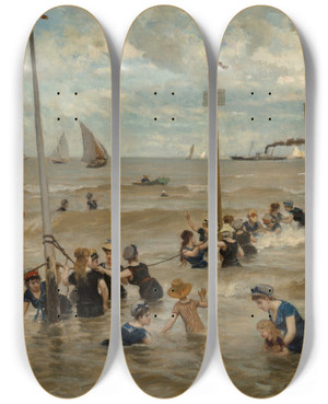 Triptych art skateboard deck of Otto Von Thoren Bathing By The Sea by Otto Von Thoren (1823-1889)