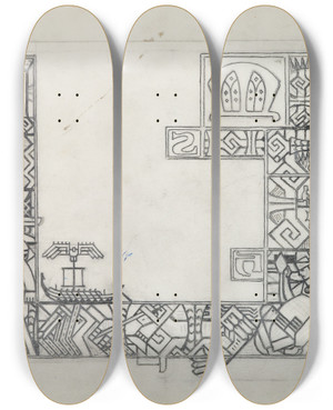 Triptych art skateboard deck of Akseli Gallenkallela The Great Kalevala Sketch For Ornaments by Akseli Gallen Kallela (1865-1931)
