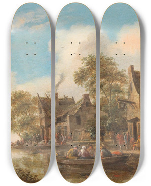 Triptych art skateboard deck of Thomas Heeremans River Landscape With Ferry Boats And A Tavern by Thomas Heeremans (1641-1694)