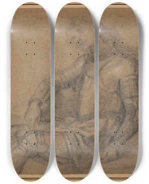 Triptych art skateboard deck of Francesco Curradi Seated Soldier In Armor by Francesco Curradi (1570-1661)