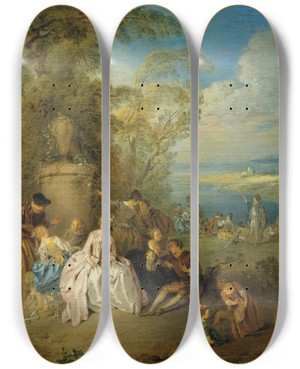 Triptych art skateboard deck of Jeanbaptiste Pater Fte Galante In A Coastal Landscape by Jean-Baptiste Pater (1695-1736)