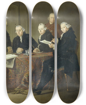 Triptych art skateboard deck of Jacobus Luberti Augustini The Four Regents The Secretary And The House Father Of The Lepers House Of Amsterdam 1773 by Jacobus Luberti Augustini (1748-1822)