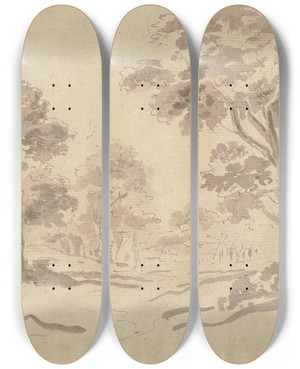 Triptych art skateboard deck of Johann Georg Von Dillis Waldgegend by Johann Georg Von Dillis (1759-1841)