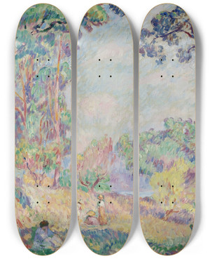 Triptych art skateboard deck of Henri Lebasque Jeunes Femmes Et Fillettes Dans Un Paysage by Henri Lebasque (1865-1937)