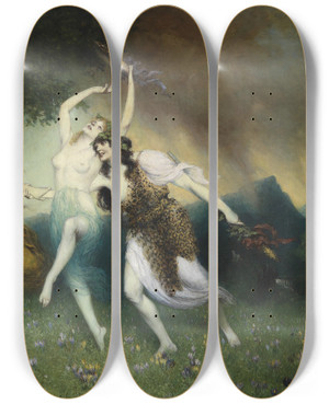Triptych art skateboard deck of Ferdinand Leeke Fliehende Nymphen by Ferdinand Leeke (1859-1923)
