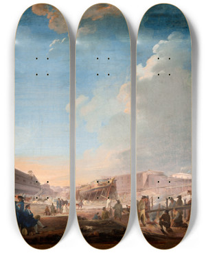 Triptych art skateboard deck of Elias Martin The Galley Dock At Sveaborg Under Construction Viewed From West by Elias Martin (1739-1818)