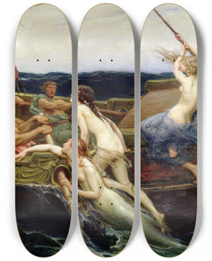 Triptych art skateboard deck of Herbert James Draper Ulysses And The Sirens by Herbert James Draper (1864-1920)