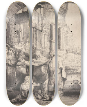 Triptych art skateboard deck of Rembrandt Van Rijn Peter And John Healing The Cripple At The Gate Of The Temple by Rembrandt Van Rijn (1606-1669)