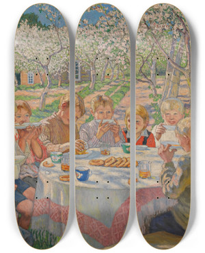 Triptych art skateboard deck of Nikolai Bogdanovbelsky Tea In The Apple Orchard by Nikolai Bogdanov-Belsky (1868-1945)