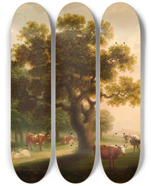 Triptych art skateboard deck of Herbert Pugh Landscape With Cattle Sheep And Distant Figure by Herbert Pugh