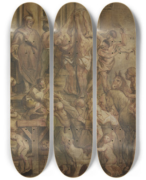 Triptych art skateboard deck of Jacob Jordaens Flagellation Of The Wrongdoers by Jacob Jordaens (1593-1678)
