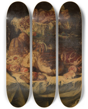 Triptych art skateboard deck of Willem Linnig The Younger Still Life With Pastries by Willem Linnig the Younger (1842-1890)