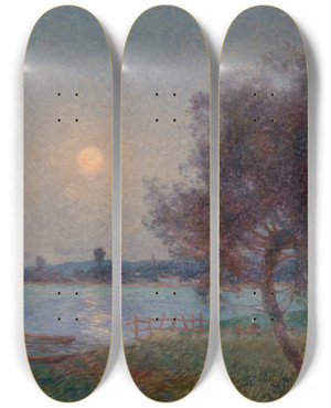 Triptych art skateboard deck of Ferdinand Du Puigaudeau La Rivire Au Clair De Lune by Ferdinand Du Puigaudeau (1864-1930)