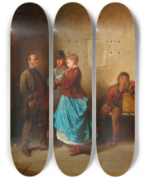 Triptych art skateboard deck of Friedrich Friedlnder Zur Rede Gestellt by Friedrich Friedlander (1825-1901)