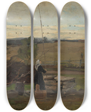 Triptych art skateboard deck of Gerhard Munthe At The Well by Gerhard Munthe (1849-1929)