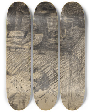 Triptych art skateboard deck of James Ensor Hoek In Het Atelier Met Kachelvoet Kist En Figuren by James Ensor (1860-1949)