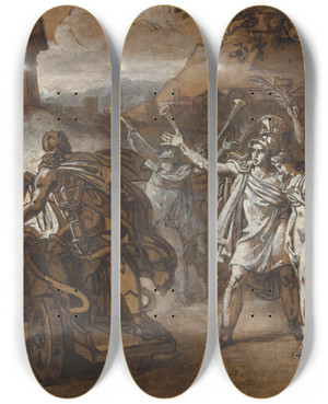 Triptych art skateboard deck of Sbastien Norblin De La Gourdaine Castor And Pollux Rescuing Helen by Sbastien Norblin de la Gourdaine (1796-1884)