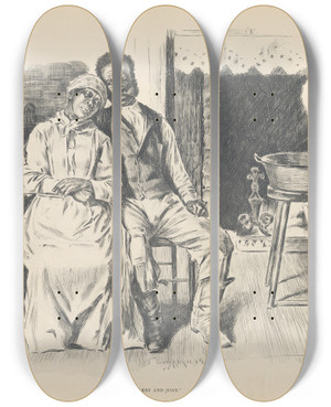 Triptych art skateboard deck of J Campbel Phillips Darby And Joan by J Campbel Phillips (1873-1949)