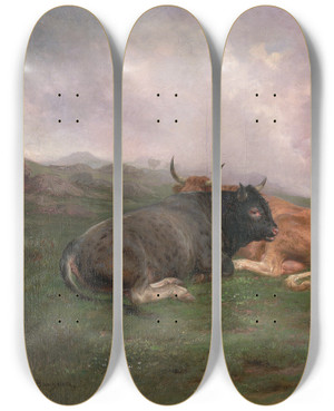 Triptych art skateboard deck of Rosa Bonheur Cattle At Rest On A Hillside In The Alps by Rosa Bonheur (1822-1899)