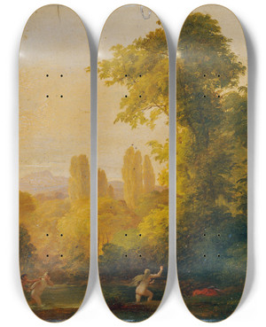 Triptych art skateboard deck of Franz Schrotzberg Landschaft Mit Mythologischer Staffage by Franz Schrotzberg (1811-1889)