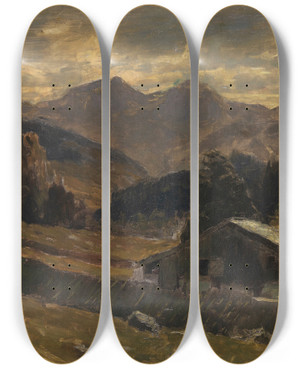 Triptych art skateboard deck of Carl Schuch Blick Auf Den Hochkalter Am Hintersee by Carl Schuch (1846-1903)