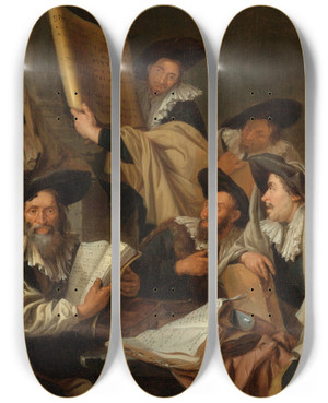 Triptych art skateboard deck of Jacob Toorenvliet Rabbinical Discussion by Jacob Toorenvliet (1640-1719)