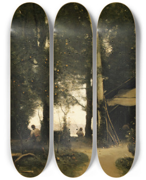 Triptych art skateboard deck of Jeanbaptistecamille Corot The Banks Of The Seine At Conflans by Jean-Baptiste-Camille Corot (1796-1875)