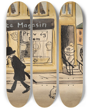 Triptych art skateboard deck of Robert Storm Petersen Ligkistemagasin by Robert Storm Petersen (1882-1949)
