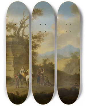 Triptych art skateboard deck of Franz De Paula Ferg Landscape With Tomb And Horsemen by Franz de Paula Ferg (1689-1740)