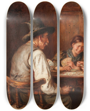 Triptych art skateboard deck of Emma Mller Von Seehof Kartenspielerinnen by Emma Muller Von Seehof (1859-1925)