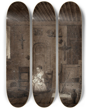 Triptych art skateboard deck of Otto Howen Moeder Zoogt Kind In Keukeninterieur by Otto Howen (1774-1848)