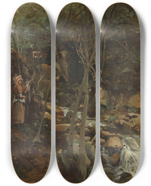 Triptych art skateboard deck of Jeanbaptistecamille Corot Lormes Un Torrent Avec Une Chevrire Debout Filant by Jean-Baptiste-Camille Corot (1796-1875)