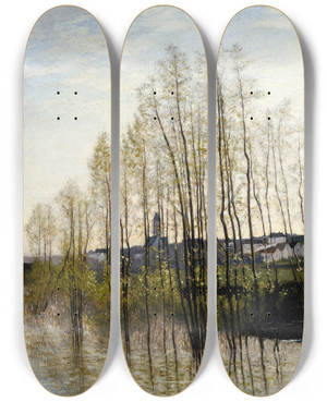 Triptych art skateboard deck of Carl Fredrik Hill River Landscape Champagne by Carl Fredrik Hill (1849-1911)