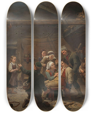 Triptych art skateboard deck of Adolph Tidemand The Return Of The Bear Hunter by Adolph Tidemand (1814-1876)