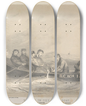 Triptych art skateboard deck of John Doyle Rowing In The Same Boat Something Wrong At The Bottom Weather Rather Squally by John Doyle (1939)