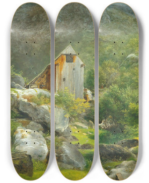 Triptych art skateboard deck of Franz Steinfeld Mountain Mill by Franz Steinfeld (1787-1868)