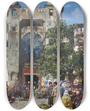 Triptych art skateboard deck of Alberto Pasini Mercato In Oriente by Alberto Pasini (1826-1899)