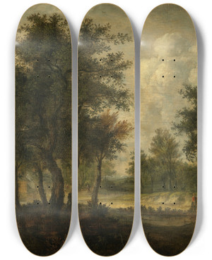 Triptych art skateboard deck of Meindert Hobbema Landscape With Figures by Meindert Hobbema (1638-1709)
