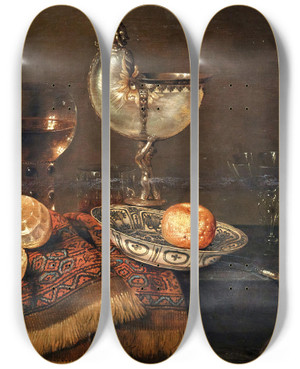 Triptych art skateboard deck of Willem Claesz Heda A Clementine In A Porcelain Bowl A Nautilus Cup A Roemer Two Glasses A Knife A Peeled Lemon On An Ornamental Carpet On A Table by Willem Claesz Heda (1594-1680)