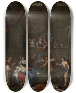 Triptych art skateboard deck of Gerard Hoet The Death Of Cleopatra by Gerard Hoet (1648-1733)