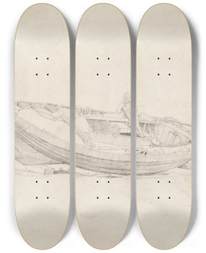 Triptych art skateboard deck of Cornelius Varley Study Of Moored Boat With Seated Figure by Cornelius Varley (1781-1873)