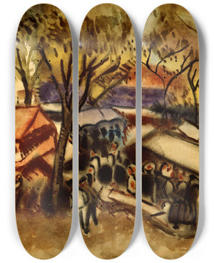 Triptych art skateboard deck of Frances Hodgkins The Fair By The Sea by Frances Hodgkins (1869-1947)
